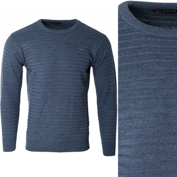 Sweter męski z okrągłym dekoltem pod szyję niebieski pasy wełniany klasyczny ciepły - Reymo