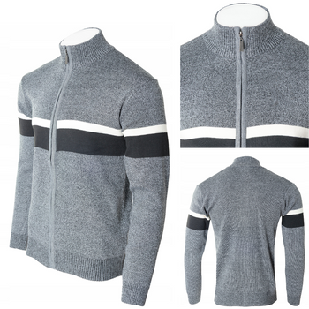 Sweter męski rozpinany jesienny jasno-szary paski - Must