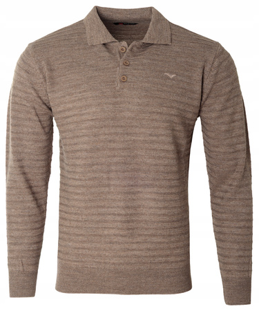 Bluza męska z kołnierzykiem polo na guziki brązowa wzór w pasy ze ściągaczami bawełniana - Reymo