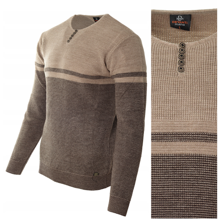 Sweter męski z okrągłym dekoltem z guzikami brązowy klasyczny - Devanti