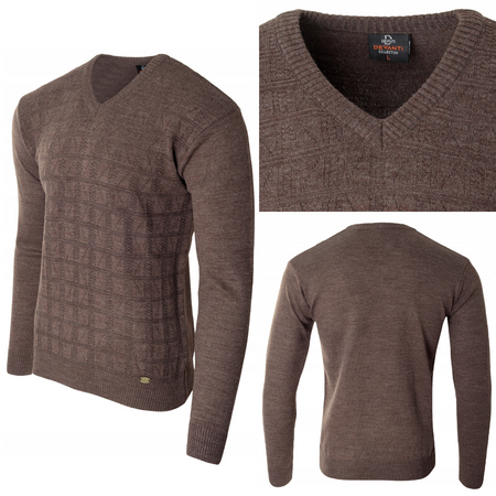 Sweter męski brązowy dekolt w serek V wzór kratka wełniany turecka Devanti