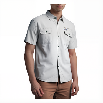 Koszula męska krótki rękaw regular jasno-szara z kieszeniami - P&S