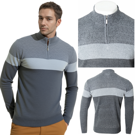 Sweter męski rozpinany wzór w pasy krótki zamek szary półgolf - Must