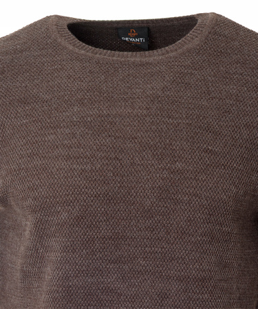 Sweter męski z okrągłym dekoltem ciemno-brązowy wełniany klasyczny - Devanti