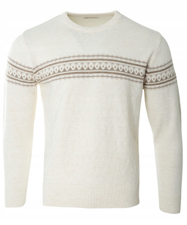 Sweter męski z okrągłym dekoltem beżowy wzór pasy wełna klasyczny - Devir