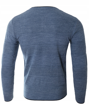 Sweter męski z okrągłym dekoltem krótkie zapięcie na guziki niebieski pasy klasyczny - Devanti