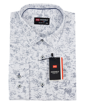 Biała koszula z wzorem i granatowymi wstawkami męska bawełniana z kołnierzykiem długi rękaw - MODELY