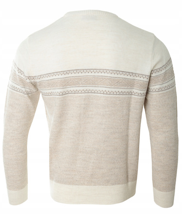 Sweter męski z okrągłym dekoltem beżowy wzór pasy wełniany klasyczny - Devanti
