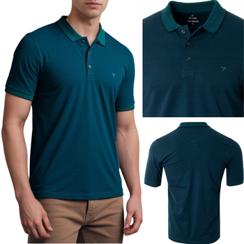 Koszulka męska polo bawełniana ciemno-zielona gładka dekolt z guzikami kołnierz wiosenna - Reymo