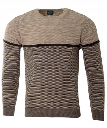 Sweter męski z okrągłym dekoltem brązowy wzór geometryczny pasy wełniany klasyczny - Devanti