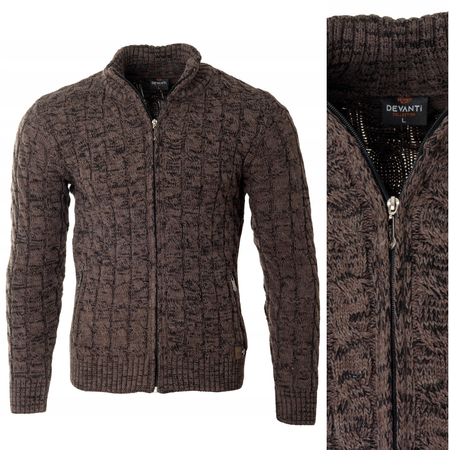Sweter męski półgolf rozpinany jesienny brązowy ze wzorem wełniany ciepły - Devanti 