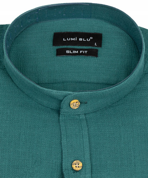 Koszula męska jak lniana butelkowa zieleń ze stójką slim długie rękawy- Lumi Blu