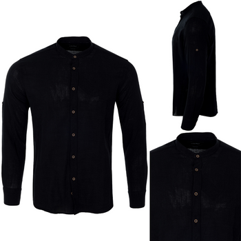 Czarna koszula stylizowana na len ze stójką męska bawełniana slim comfort długie rękawy- Viadi POLO