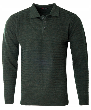 Bluza męska z kołnierzykiem polo na guziki zielona wzór w pasy ze ściągaczami bawełniana - Reymo