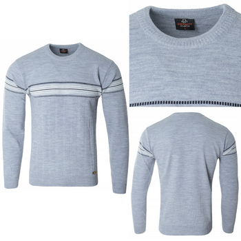 Sweter męski z okrągłym dekoltem błękitny pasy klasyczny - Devanti
