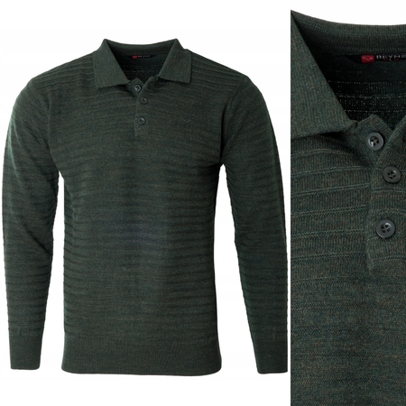 Bluza męska z kołnierzykiem polo na guziki zielona wzór w pasy ze ściągaczami bawełniana - Reymo