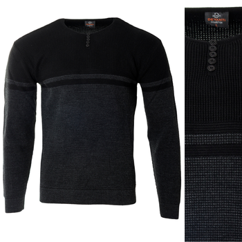 Sweter męski z okrągłym dekoltem z guzikami szaro-czarny klasyczny - Devanti