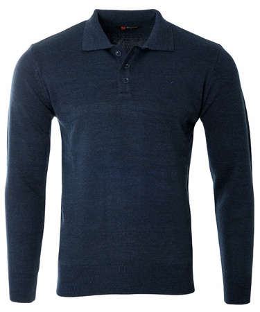 Bluza męska z kołnierzykiem polo na guziki granatowa gładka ze ściągaczami wełniana - Reymo