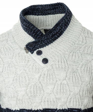 Sweter męski z okrągłym dekoltem zapięcie na krótki zamek i guziki granatowo-biały klasyczny - Devanti