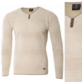 Sweter męski z okrągłym dekoltem krótkie zapięcie na guziki jasno-beżowy pasy klasyczny - Devanti