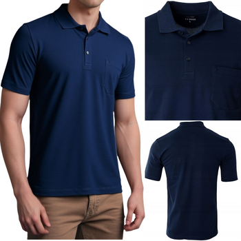 Koszulka męska polo bawełniana ciemno-granatowa gładka dekolt z guzikami kołnierz kieszeń wiosenna - Reymo
