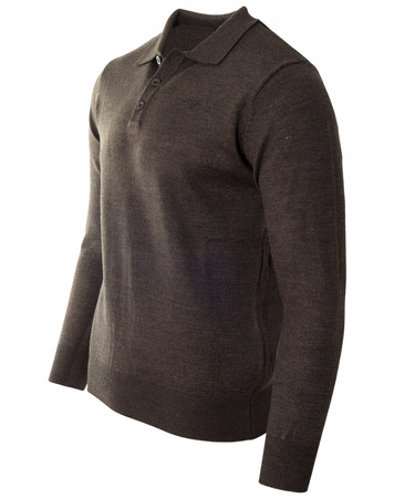 Bluza męska z kołnierzykiem polo na guziki brązowa gładka ze ściągaczami wełniana - Reymo