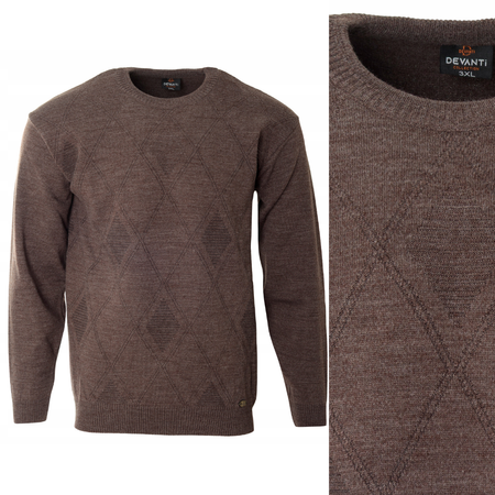 Sweter męski z okrągłym dekoltem brązowy wzór geometryczny wełna klasyczny - Devanti