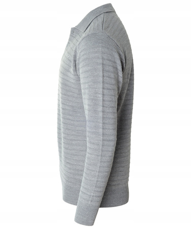 Bluza męska z kołnierzykiem polo na guziki szara wzór w pasy ze ściągaczami bawełniana - Reymo