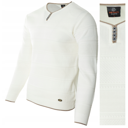 Sweter męski z okrągłym dekoltem krótkie zapięcie na guziki ecru pasy klasyczny - Devanti