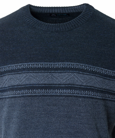 Sweter męski z okrągłym dekoltem ciemno-niebieski wzór pasy wełna klasyczny - Devir