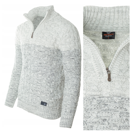 Sweter męski półgolf na krótki zamek jesienny szary ze wzorem wełniany ciepły - Devanti 