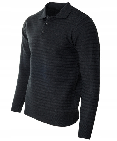 Bluza męska z kołnierzykiem polo na guziki czarna wzór w pasy ze ściągaczami bawełniana - Reymo