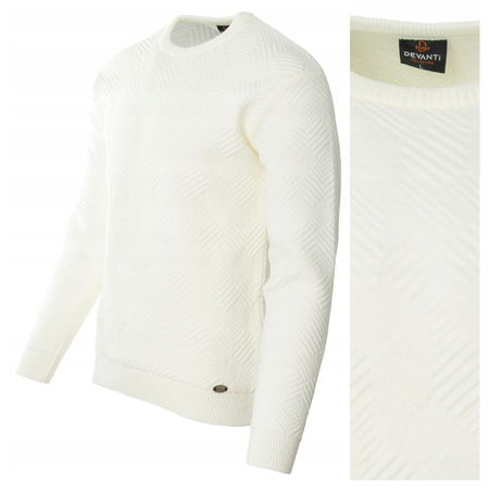 Sweter męski z okrągłym dekoltem ecru wzór pasy wełniany klasyczny - Devanti