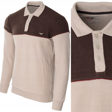 Bluza męska brązowo-beżowa z kołnierzykiem polo na guziki ze ściągaczami bawełna - Reymo