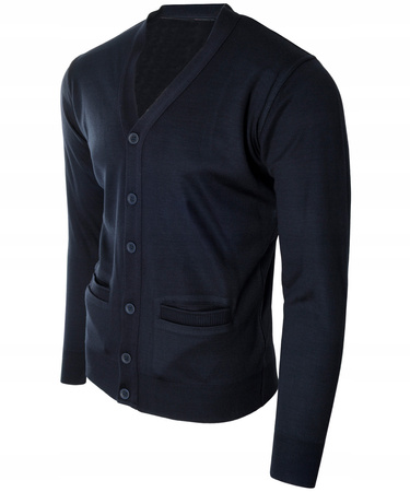 Sweter męski kardigan zapinany na guziki jesienny V-dekolt granatowy gładki wełniany - Devir Orme