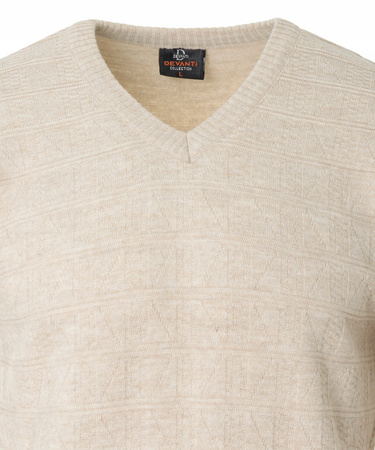 Sweter męski beżowy dekolt w serek V wzór kratka wełniany turecka Devanti