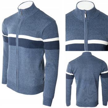 Sweter męski rozpinany jesienny ciemno-niebieski paski - Must