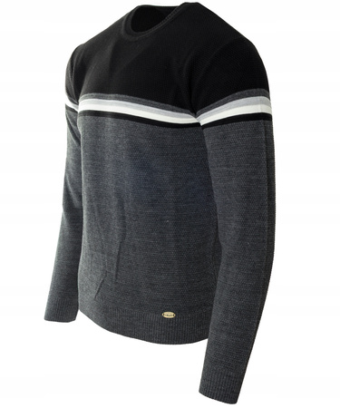 Sweter męski z okrągłym dekoltem wełniany szaro-czarny pasy klasyczny - Devanti