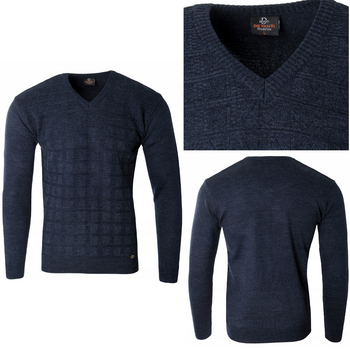 Sweter męski granatowy dekolt w serek V wzór kratka wełniany turecka Devanti