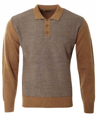 Sweter męski brązowy z kołnierzykiem polo na guziki ze ściągaczami wełna we wzór - Reymo