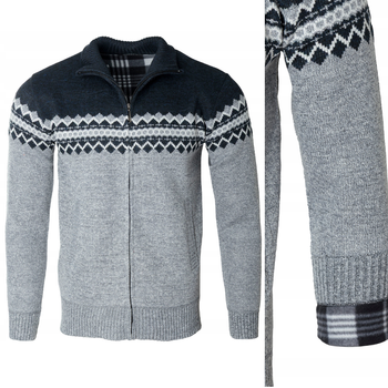Sweter męski rozpinany ocieplany polarem jesienny szaro-granatowy ze wzorem