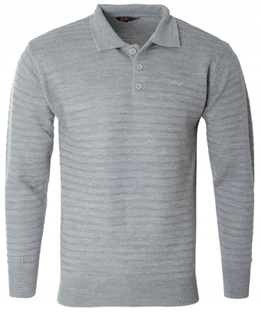 Bluza męska z kołnierzykiem polo na guziki szara wzór w pasy ze ściągaczami bawełniana - Reymo