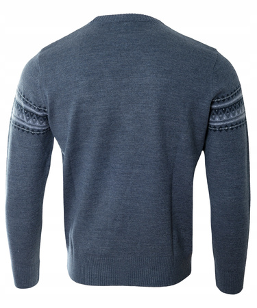Sweter męski z okrągłym dekoltem niebieski wzór pasy wełna klasyczny - Devir