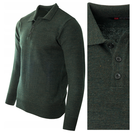 Bluza męska z kołnierzykiem polo na guziki zielona gładka ze ściągaczami wełniana - Reymo