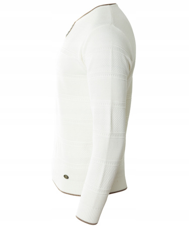 Sweter męski z okrągłym dekoltem krótkie zapięcie na guziki ecru pasy klasyczny - Devanti