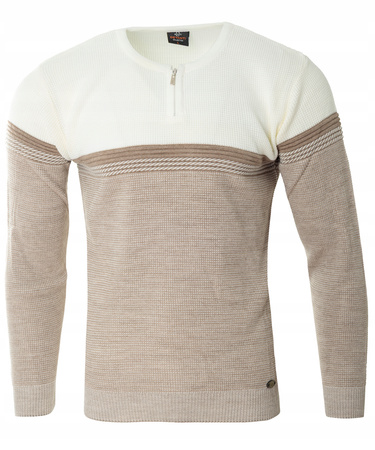 Sweter męski z okrągłym dekoltem na krótki zamek beżowo-biały klasyczny - Devanti