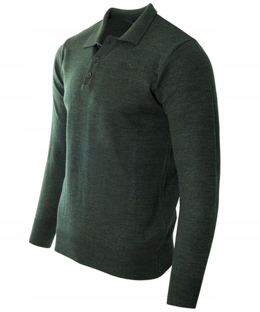 Bluza męska z kołnierzykiem polo na guziki zielona gładka ze ściągaczami wełniana - Reymo