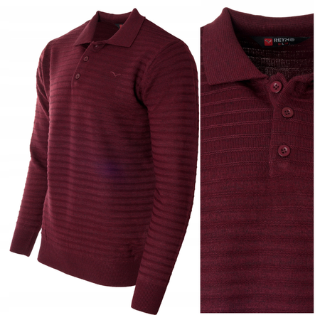 Bluza męska z kołnierzykiem polo na guziki bordowa wzór w pasy ze ściągaczami bawełniana - Reymo