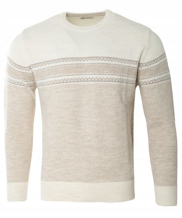Sweter męski z okrągłym dekoltem beżowy wzór pasy wełniany klasyczny - Devanti