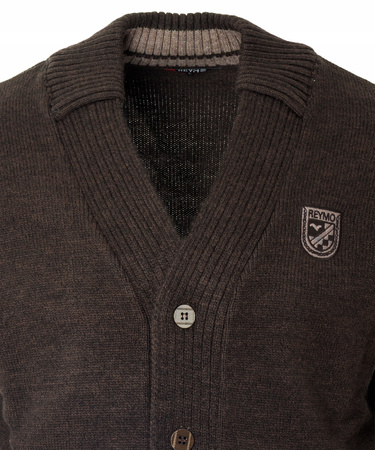Sweter męski kardigan zapinany na guziki jesienny brązowy gładki ciepły wełniany - Reymo